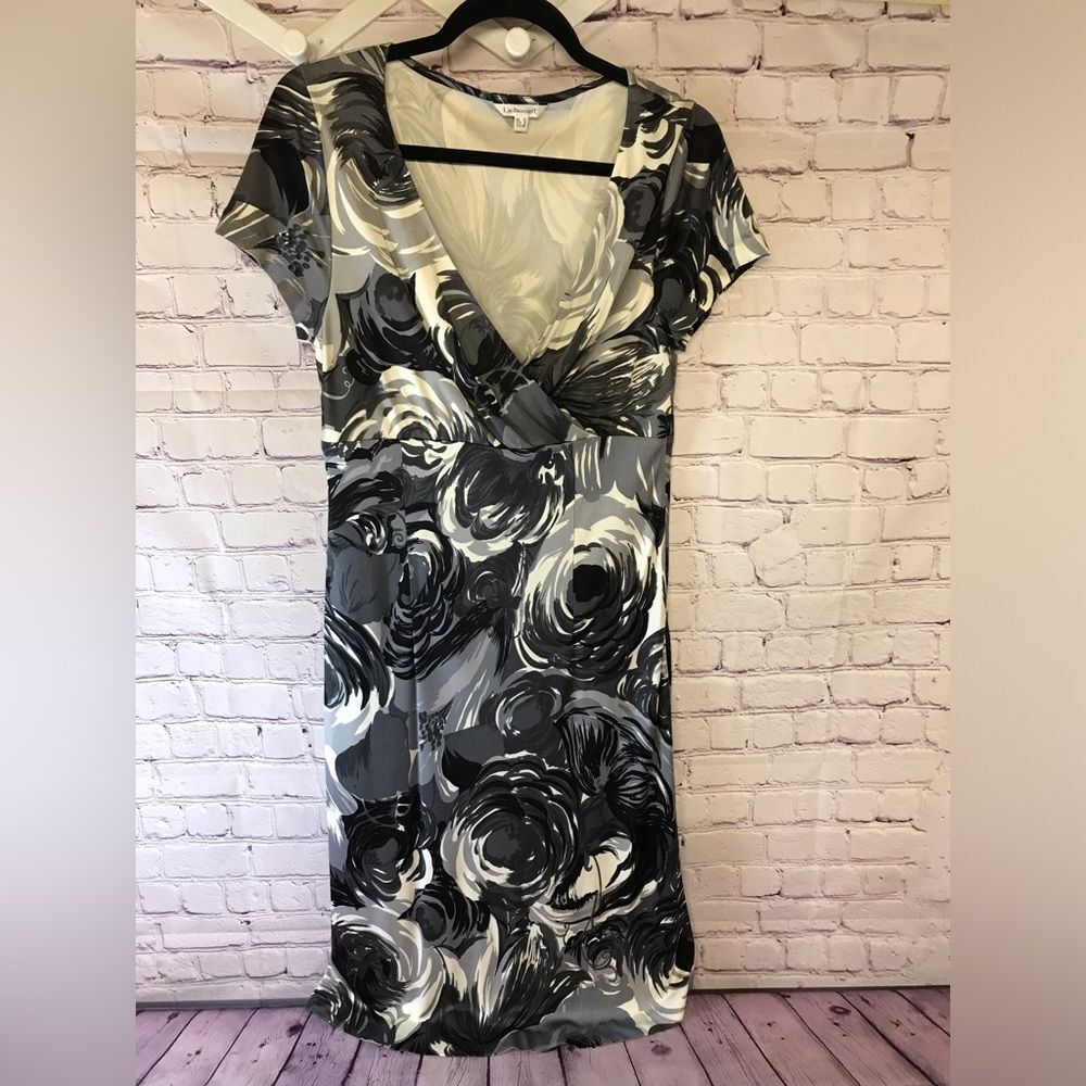 LK Bennett Black Gray White Silk Tea Midi Wrap Top Dress Cottagecore Size 8 (US)